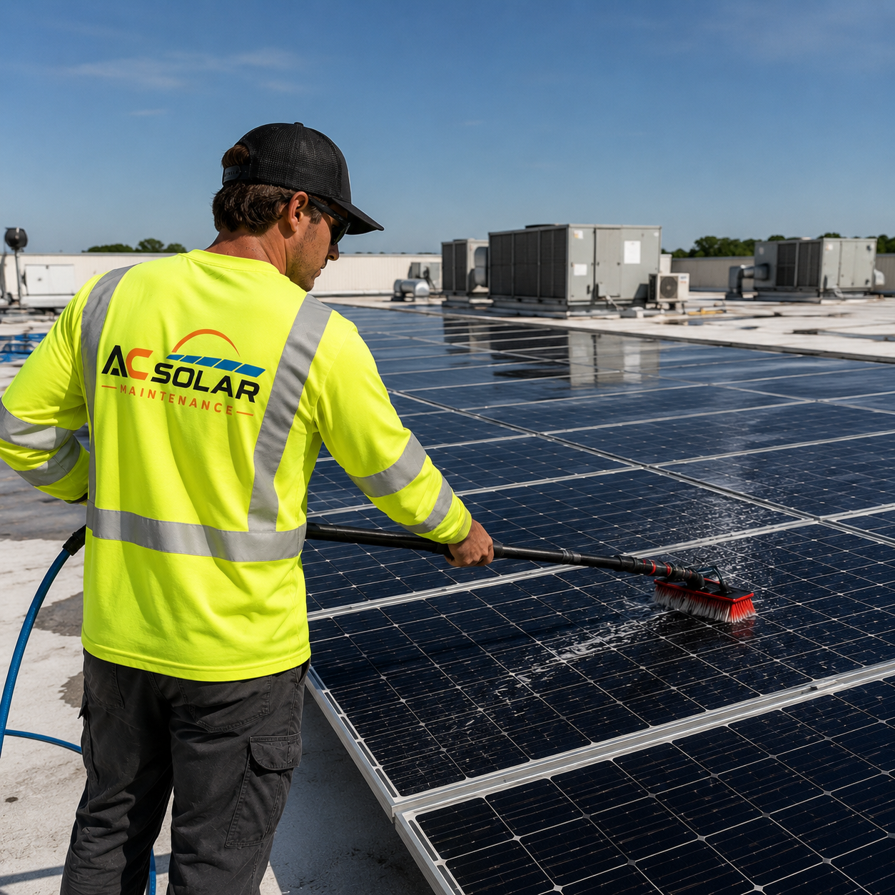 AC Solar Maintenance technician in high-visibility uniform cleaning solar panels with professional equipment