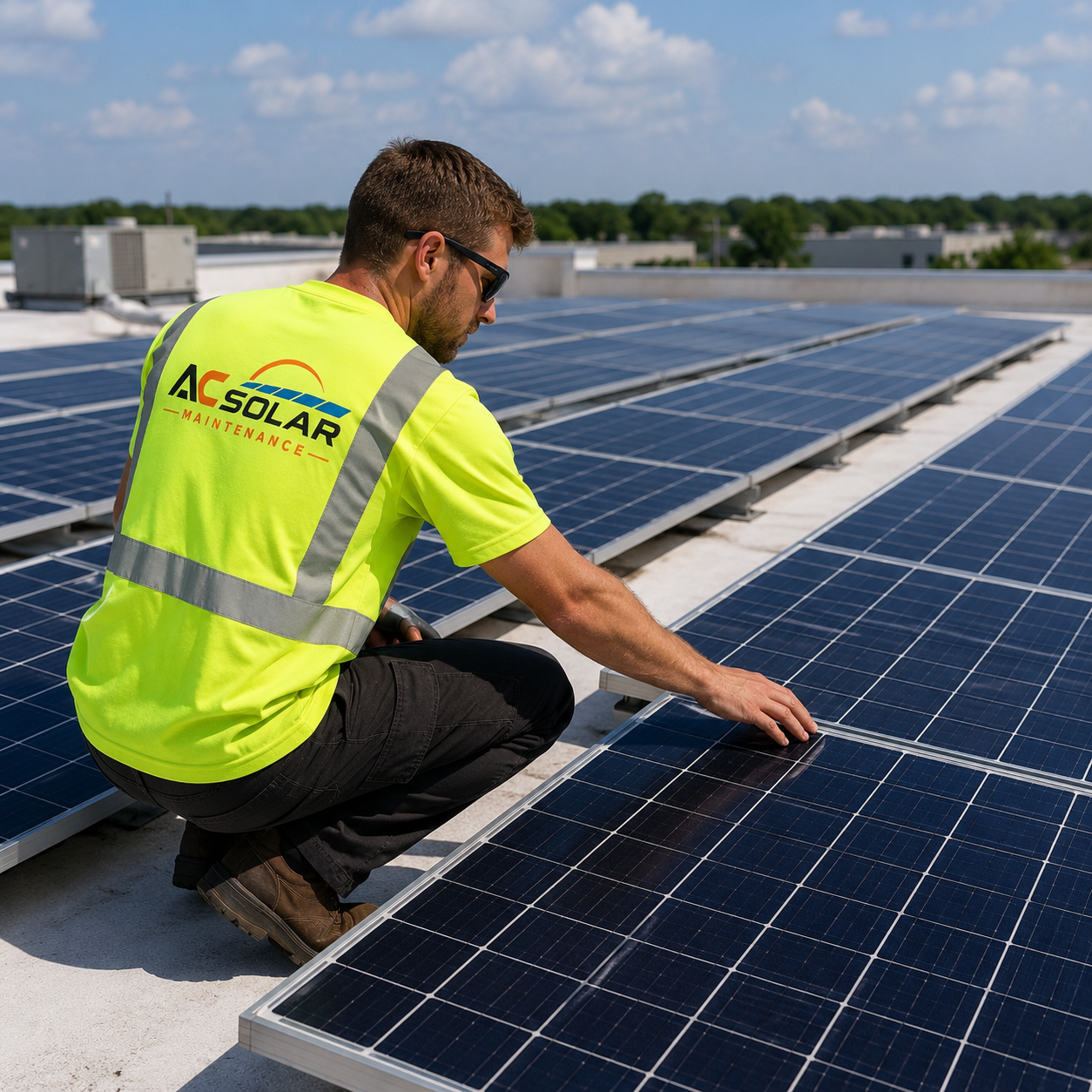 AC Solar Maintenance technician in high-visibility uniform inspecting a solar array